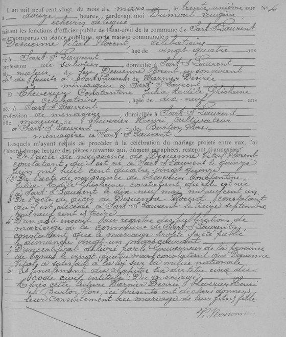 Son acte de mariage avec Constantine Cheverier — Sart-Saint-Laurent, acte n° 4 du 31 mars 1920