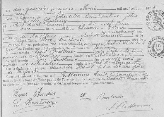 Son acte de naissance — Sart-Saint-Laurent, acte n° 5 du 19 mai 1901
