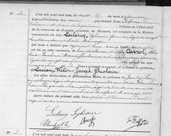 Son acte de naissance — Manage, acte n° 2 du 7 janvier 1908