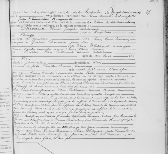 Son acte de mariage — Fosses, acte n° 27 du 23 septembre 1899 : les deux époux, les quatre parents, les six pièces lues